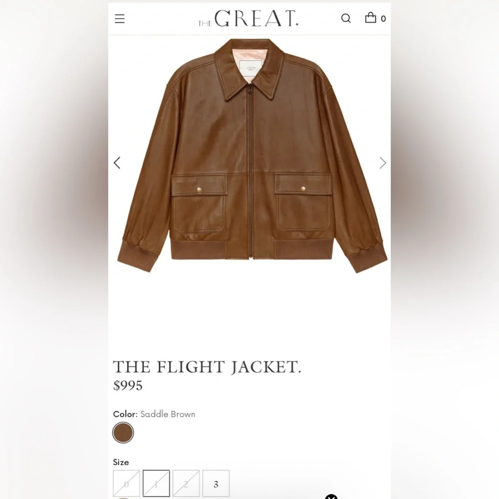 The Flight Jacket. The Great. Saddle Brown. Size 0. Original price $995 - Picture 2 of 9